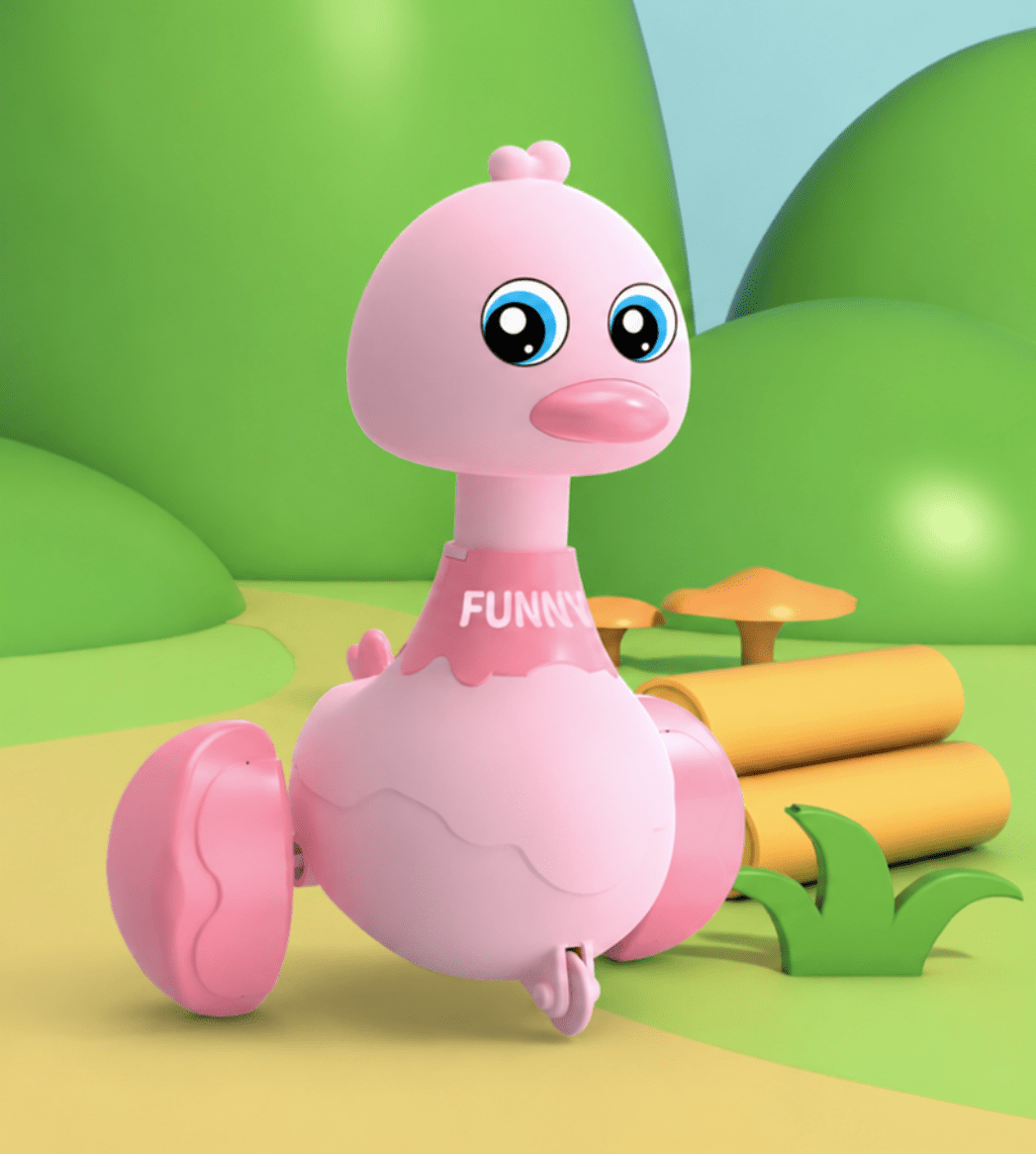 Pink toy duck with 'FUNNY' text on a cartoon-style landscape, babies crawling, encouraging toy